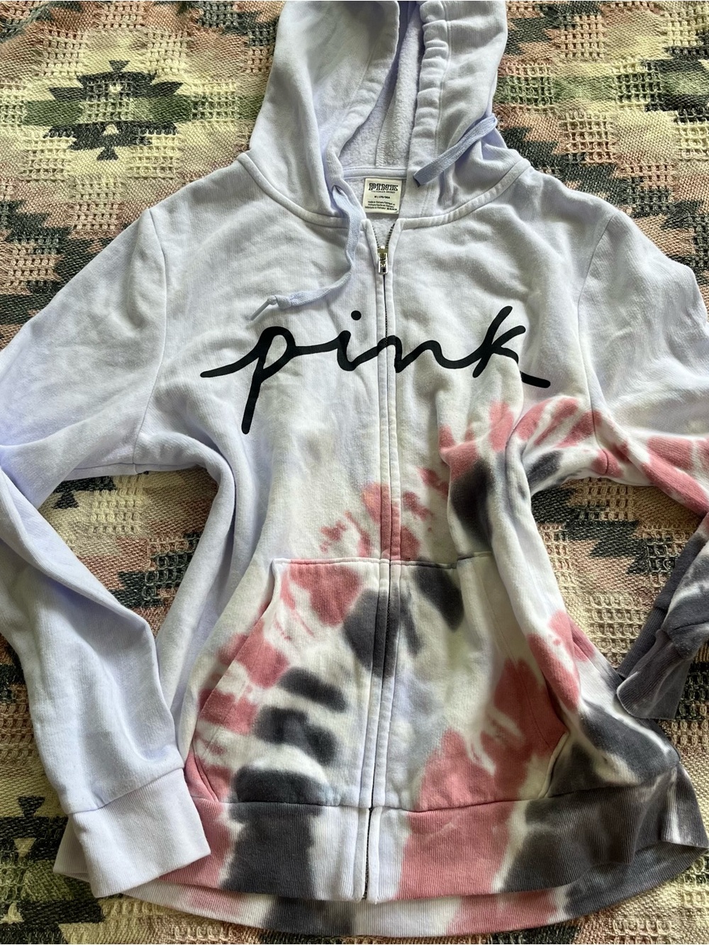 PINK Victoria's Secret White Tie-Dye Zip Hoodie with Pink & Black Accents